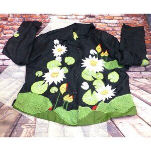 Handcrafted Tunic Nights Black Silk Jacket With Embroidered Lotus Flowers & Gree